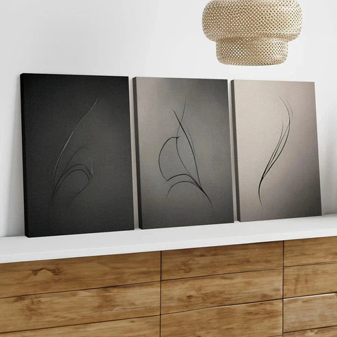 3pcs Art tryptic trendy Abstract Gray Black Line Wall Art Set Canvas Unframed - High Quality Print 100% Australian Made Wall Canvas - Bella Home Decor