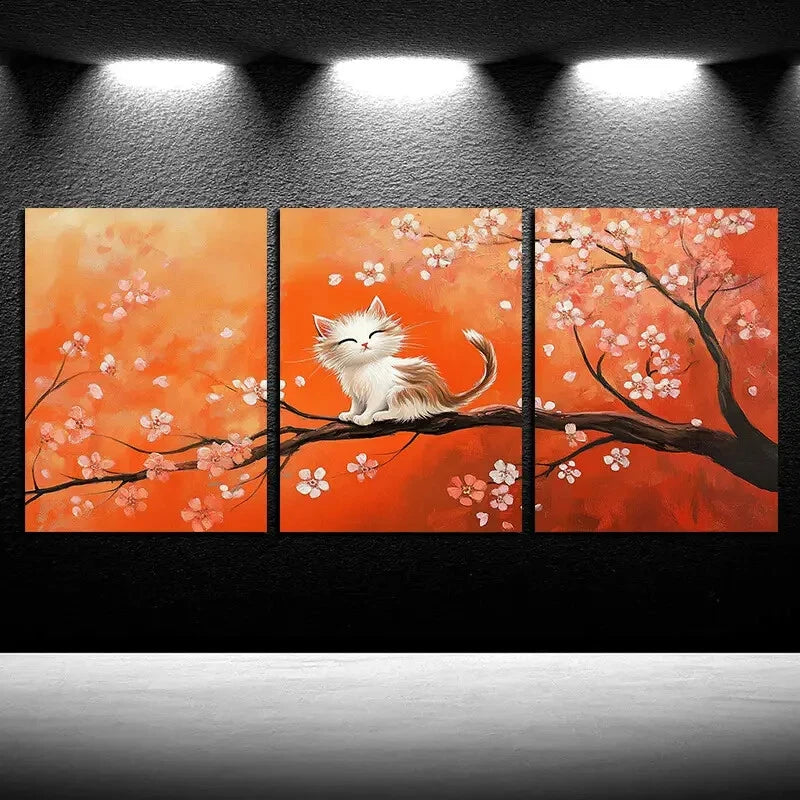 3pcs Vibrant Cat on the cherry Floral tree Metal Print Ready to Hang Art - Bella Home Decor