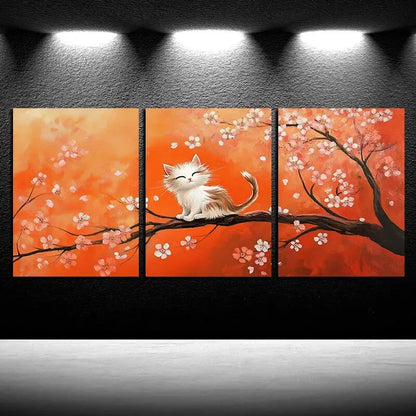 3pcs Vibrant Cat on the cherry Floral tree Metal Print Ready to Hang Art - Bella Home Decor