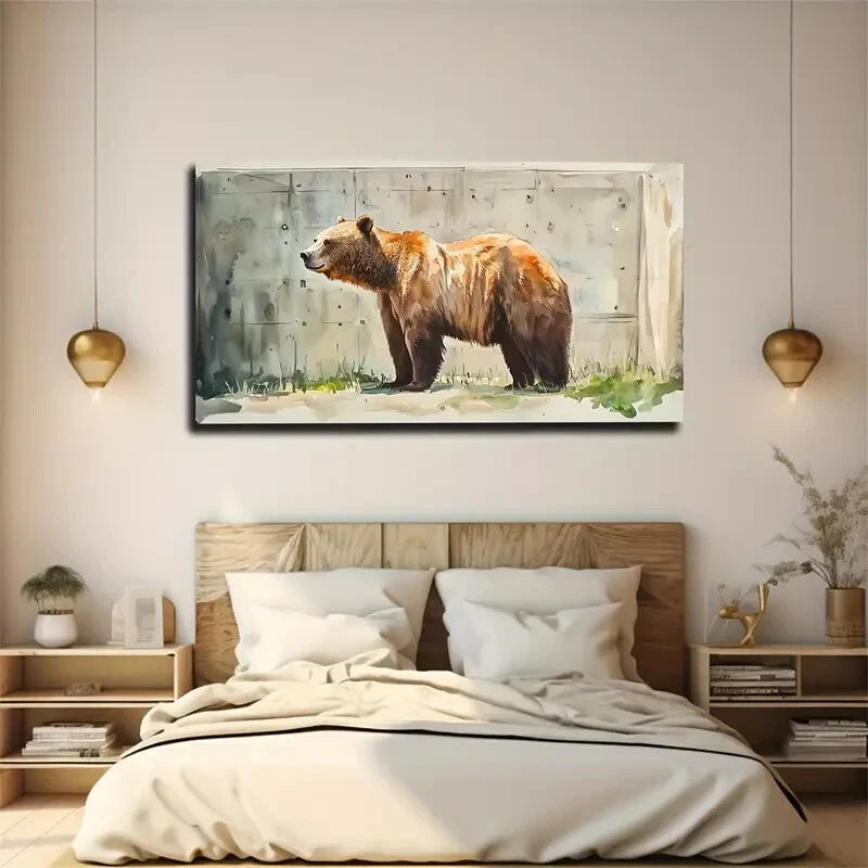 Brown Bear with Golden Fur Wall Art Canvas Office Home Room Framed 120x60cm - Bella Home Decor