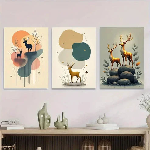 3pcs Deer Themed Abstract Forest Golden Wall Art Set Wall Art Canvas Unframed – High Quality Print 100% Australian Made Wall Canvas