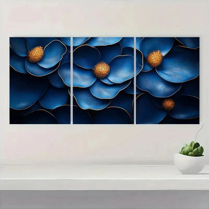 3pcs Design in Indigo & Honeycomb Tones Metal Print Ready to Hang Art - Bella Home Decor