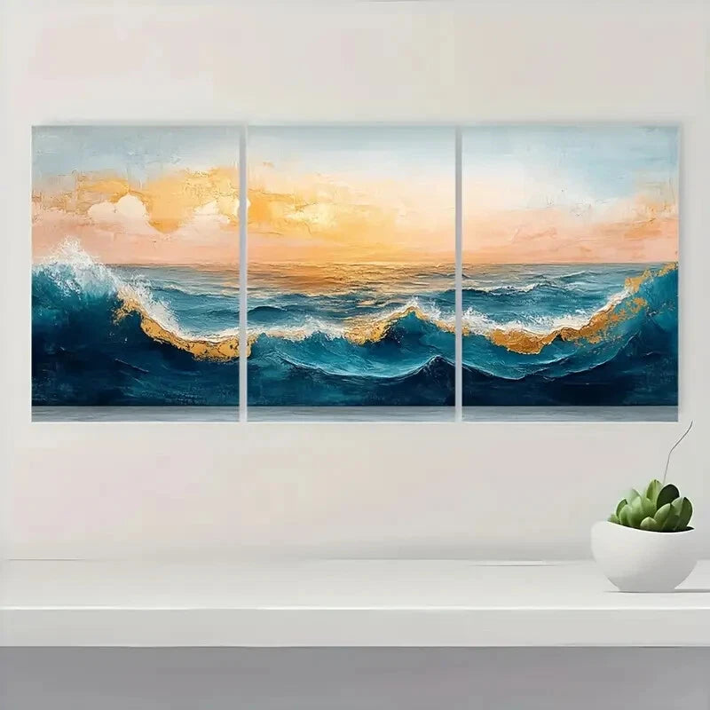 3pcs Minimalist Modern Abstract Ocean Waves Metal Print Ready to Hang Art