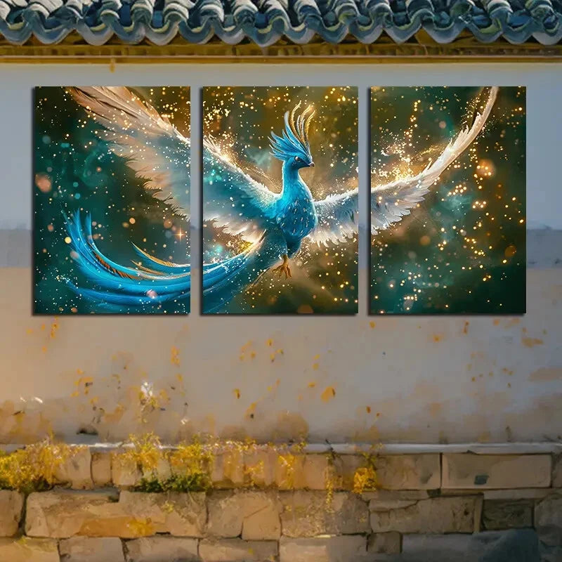 3pcs Vibrant Glowing Phoenix Illustration Metal Print Ready to Hang Art - Bella Home Decor