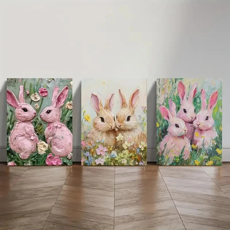 3pcs Pink Rabbit Oil Painting Print on Grass Metal Print Ready to Hang Art