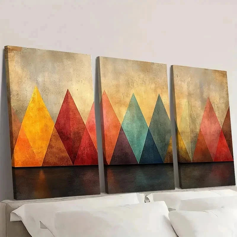 3pcs Vibrant Geometric Shapes in Warm Pastel H   Wall Art Set Canvas Framed 50x70cm - High Quality Print 100% Australian Made Wall Canvas Ready to Hang - Bella Home Decor