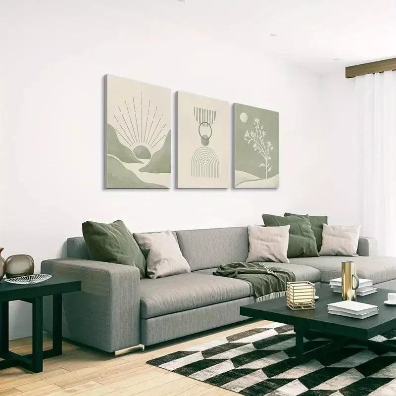 3pcs Sage Green Mid Century Modern Art Canvas Framed 40x60cm - High Quality Print 100% Australian Made Wall Canvas Ready to Hang - Bella Home Decor