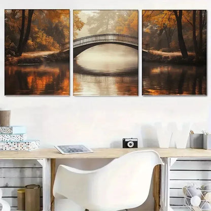 3pcs Autumn Bridge Mist Painting Style Art Set Canvas Framed 50x70cm - High Quality Print 100% Australian Made Wall Canvas Ready to Hang