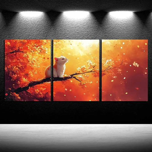3pcs Cat on Cherry Blossom Branch Autumn Colors Metal Print Ready to Hang Art