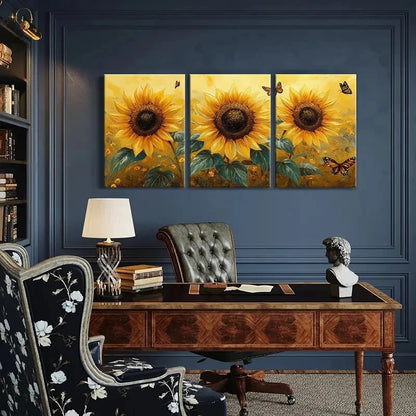 3pcs Sunflowers Butterflies Vibrant Colors Metal Print Ready to Hang Art - Bella Home Decor