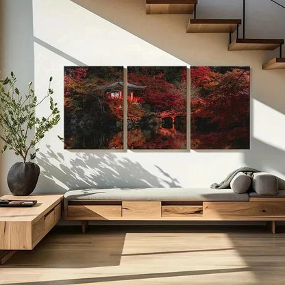 3pcs Japanese Red Maple Forest Modern Wall Art Set Canvas Framed 50x70cm - High Quality Print 100% Australian Made Wall Canvas Ready to Hang