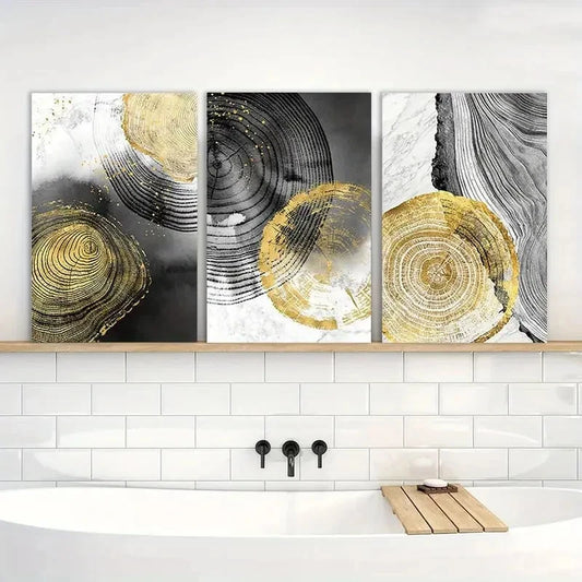 3pcs Modern Minimalist Abstract Golden & Black Metal Print Ready to Hang Art