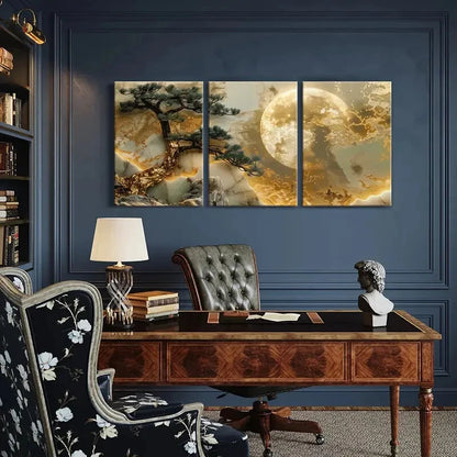 3pcs Moonlit Pine Tree Golden Landscape Metal Print Ready to Hang Art - Bella Home Decor