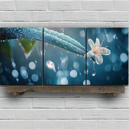 3pcs Leaves with Dewdrops Design Metal Print Ready to Hang Art - Bella Home Decor