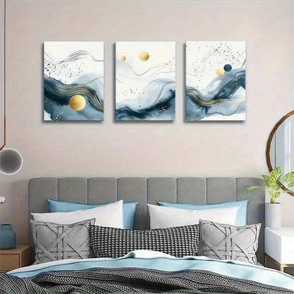 3pcs Abstract Blue and Golden Flowing Wave Metal Print Ready to Hang Art - Bella Home Decor