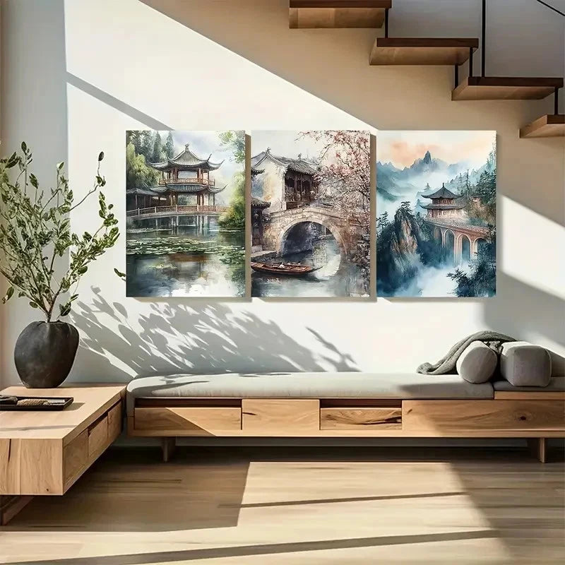 3pcs Chinese Landscape Triptych Metal Print Ready to Hang Art - Bella Home Decor