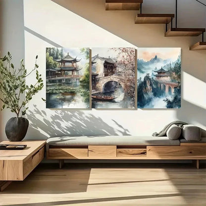 3pcs Chinese Landscape Triptych Metal Print Ready to Hang Art - Bella Home Decor