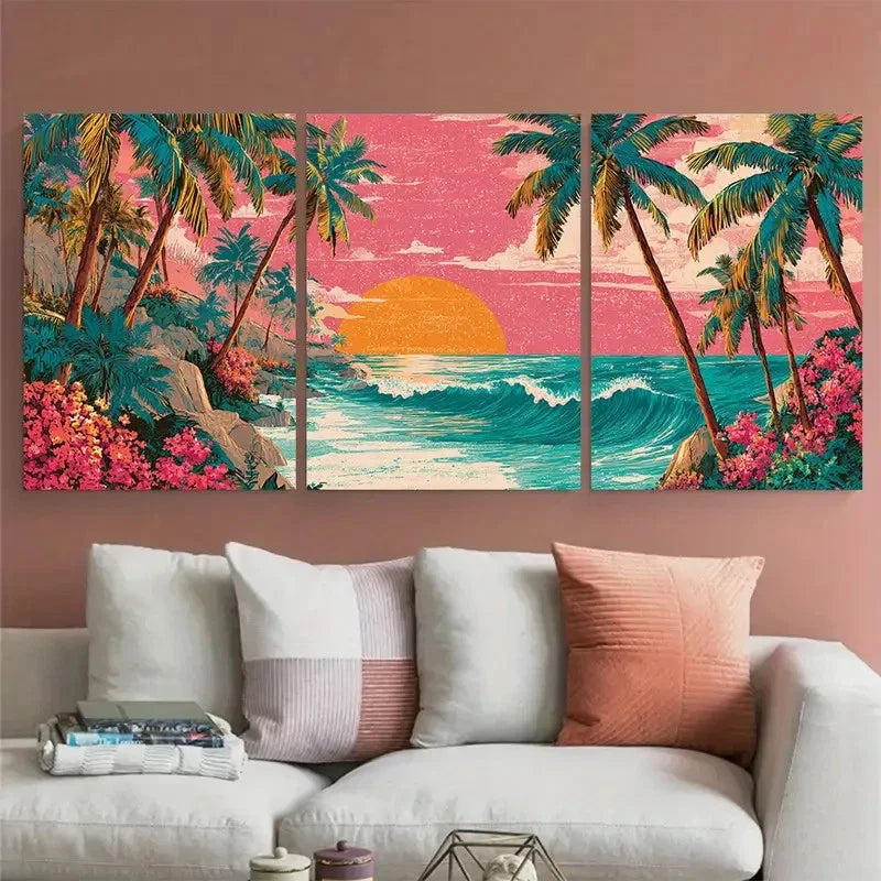 3pcs Puerto Rico Beach Scenery Illustration Wall Art Set Canvas Framed 60x90cm - High Quality Print 100% Australian Made Wall Canvas Ready to Hang