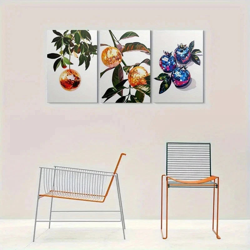 3pcs Abstract Modern Disco Ball Fruit Metal Print Ready to Hang Art - Bella Home Decor
