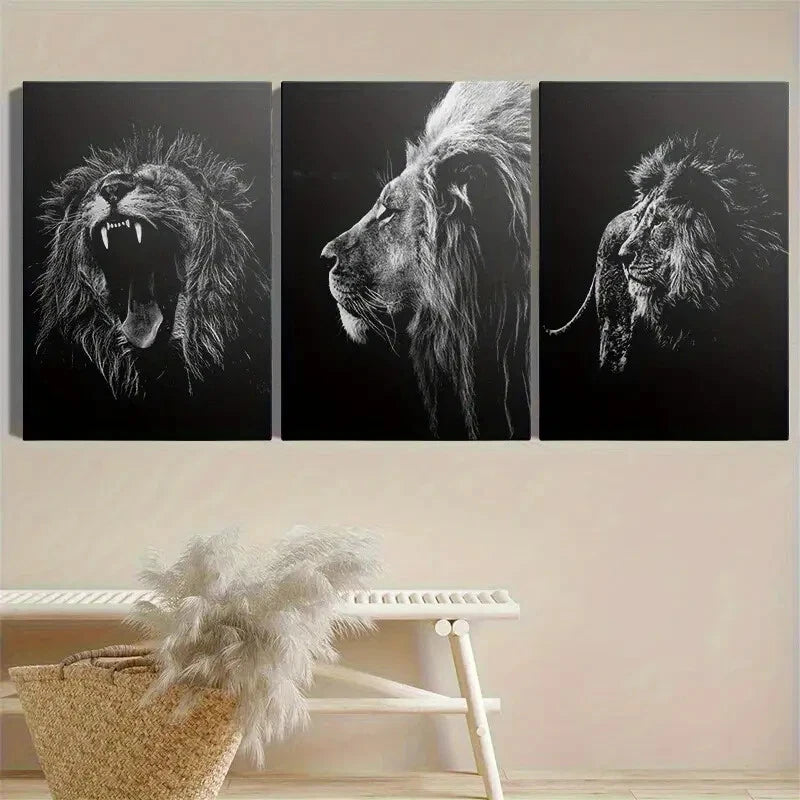3pcs Black And White Lion Roaring Wild Animal Metal Print Ready to Hang Art - Bella Home Decor