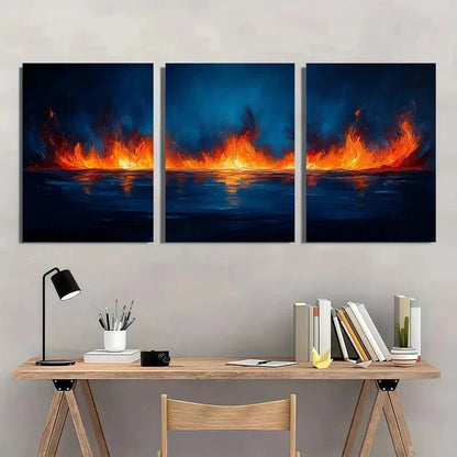 3pcs Abstract Blue & Orange Vibrant Fire Metal Print Ready to Hang Art - Bella Home Decor