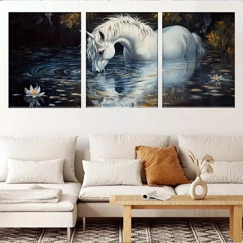 3pcs Mystical Fantasy White Unicorn in Water Wall Art Set Canvas Unframed - High Quality Print 100% Australian Made Wall Canvas