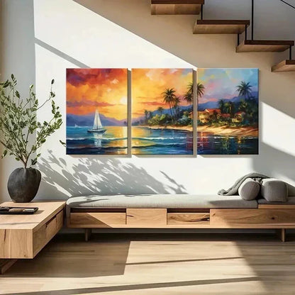 3pcs Sunset Sailboat Palm Trees & Beach Wall Art Canvas Unframed - High Quality Print 100% Australian Made Wall Canvas