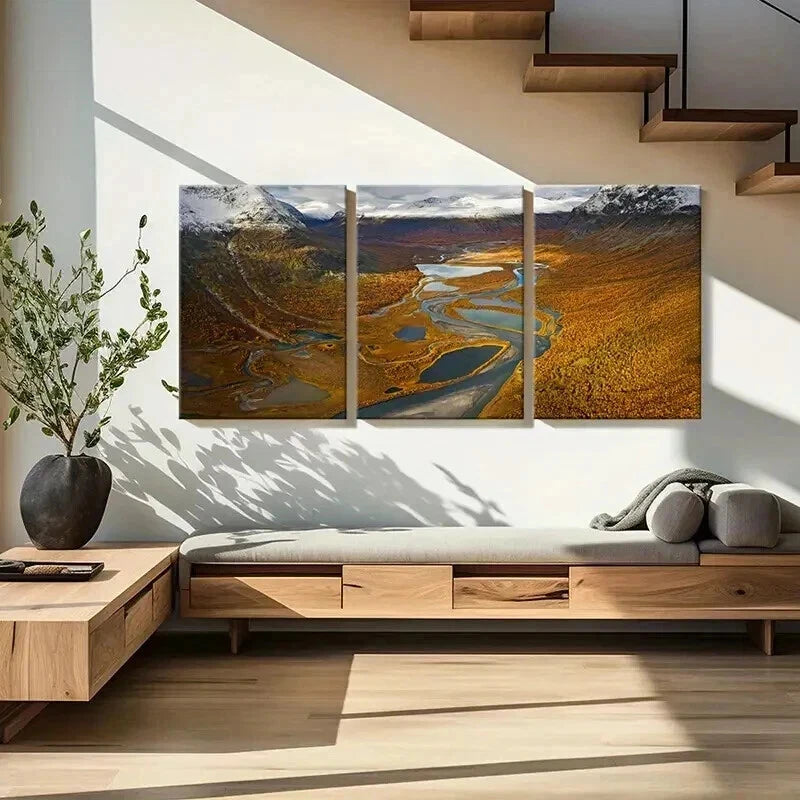 3pcs Mountain Valley & Autumn Lake Landscape Wall Art Set Canvas Framed 50x70cm - High Quality Print 100% Australian Made Wall Canvas Ready to Hang - Bella Home Decor