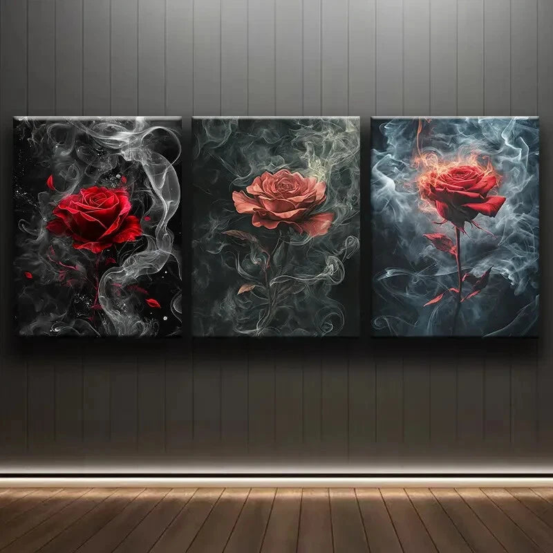 3pcs Red Roses in Smoke Flowers Themed Metal Print Ready to Hang Art - Bella Home Decor