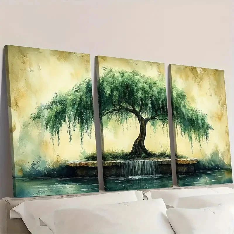 3pcs C Serene Green Tree Willow I  Wall Art Set Canvas Framed 50x70cm - High Quality Print 100% Australian Made Wall Canvas Ready to Hang - Bella Home Decor