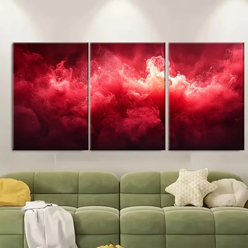 3pcs Crimson Red Ink Water Abstract Metal Print Ready to Hang Art - Bella Home Decor