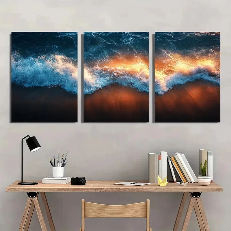 3pcs Ocean Wave Blue & Orange Tides Coastal Metal Print Ready to Hang Art - Bella Home Decor