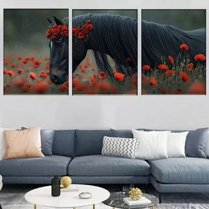 3pcs Elegant Poppy Field Majestic Black Horse Wall Art Set Canvas Unframed - High Quality Print 100% Australian Made Wall Canvas