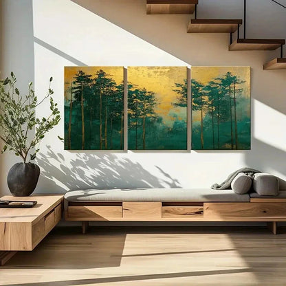 3pcs Abstract Forest Art Golden Sky Teal Trees Metal Print Ready to Hang Art - Bella Home Decor