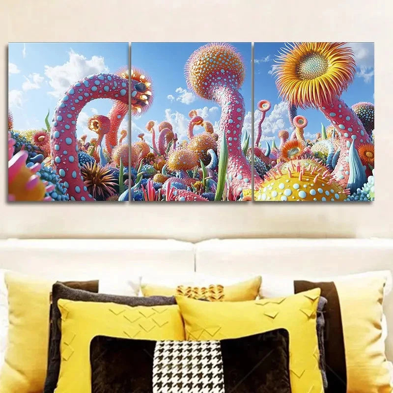 3pcs Vibrant Surreal Landscape with Alien Plant  Wall Art Set Canvas Framed 40x60cm - High Quality Print 100% Australian Made Wall Canvas Ready to Hang - Bella Home Decor
