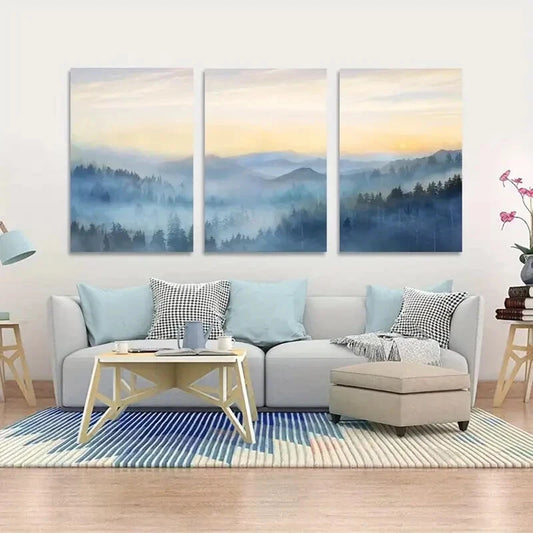3pcs Sunrise Fog Forest Forest Forest Metal Print Ready to Hang Art