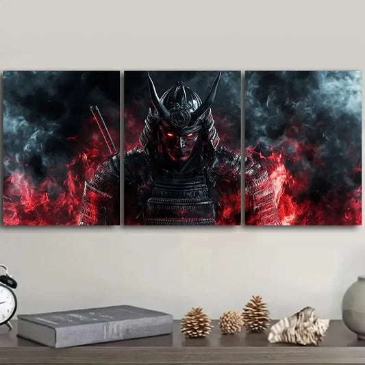 3pcs A crimson warrior with black horns Metal Print Ready to Hang Art