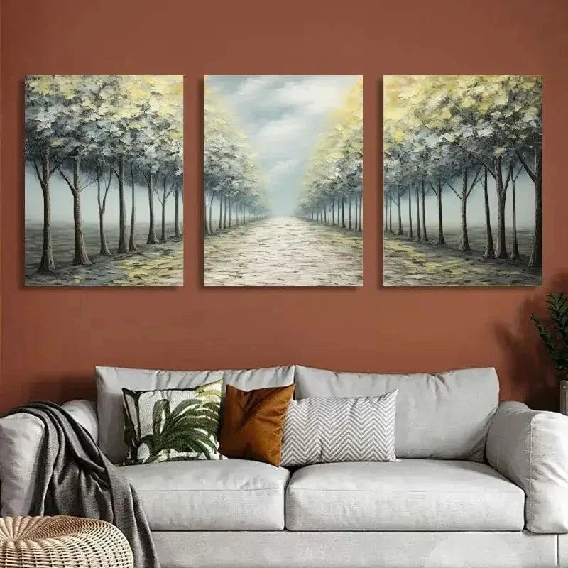 3pcs Tree Lined Path Landscape Canvas Wall Art Metal Print Ready to Hang Art