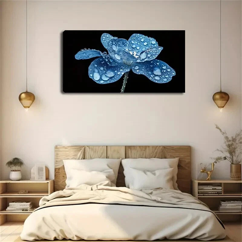 Blue Flowers Gable Droplets Wall Art Canvas Office Home Room Framed 120x60cm - Bella Home Decor