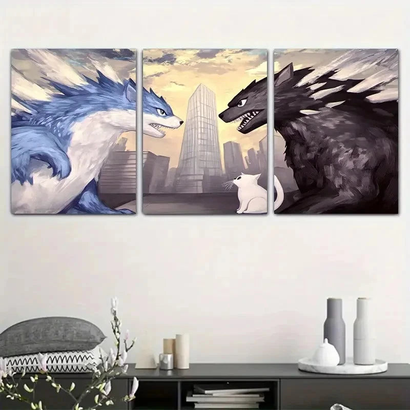 3pcs Blue Wolf & Black Wolf Confrontation Metal Print Ready to Hang Art - Bella Home Decor