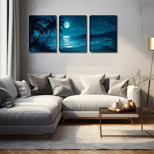 3pcs Under The Night, Coconut Trees, Beaches Wall Art Set Wall Art Canvas Unframed - High Quality Print 100% Australian Made Wall Canvas