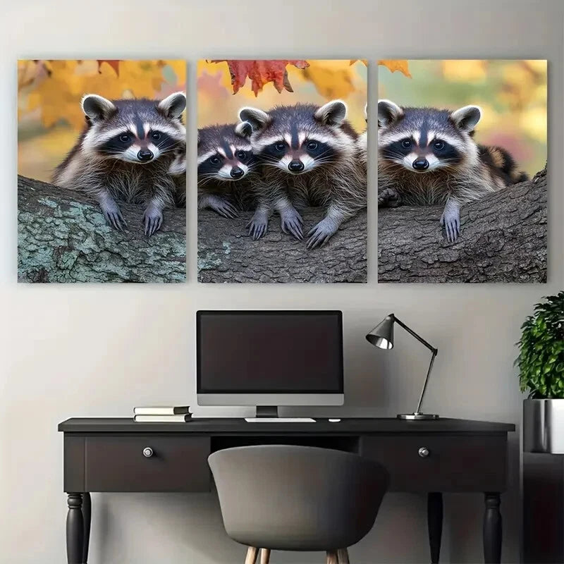 3pcs Raccoons in Maple Tree Animal Photography Metal Print Ready to Hang Art - Bella Home Decor