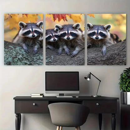 3pcs Raccoons in Maple Tree Animal Photography Metal Print Ready to Hang Art - Bella Home Decor