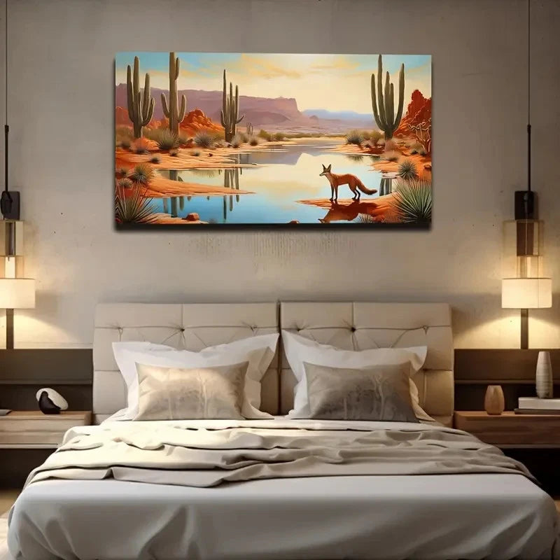 Little Fox In A Desert Oasis Wall Art Canvas Office Home Room Framed 120x60cm
