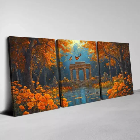 3pcs Ancient Temple in the Forest & Butterflies Wall Art Canvas Unframed - High Quality Print 100% Australian Made Wall Canvas