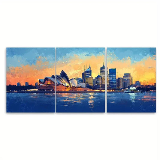 3pcs A Beautiful sunset Over the Sydney skyline  Wall Art Set Canvas Framed 50x70cm - High Quality Print 100% Australian Made Wall Canvas Ready to Hang