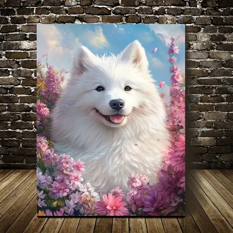 Beautiful Samoyed Dog Vibrant Floral Design Painting 40x60cm Metal Print Ready to Hang - Bella Home Decor
