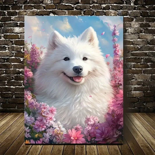 Beautiful Samoyed Dog Vibrant Floral Design Painting 40x60cm Metal Print Ready to Hang - Bella Home Decor