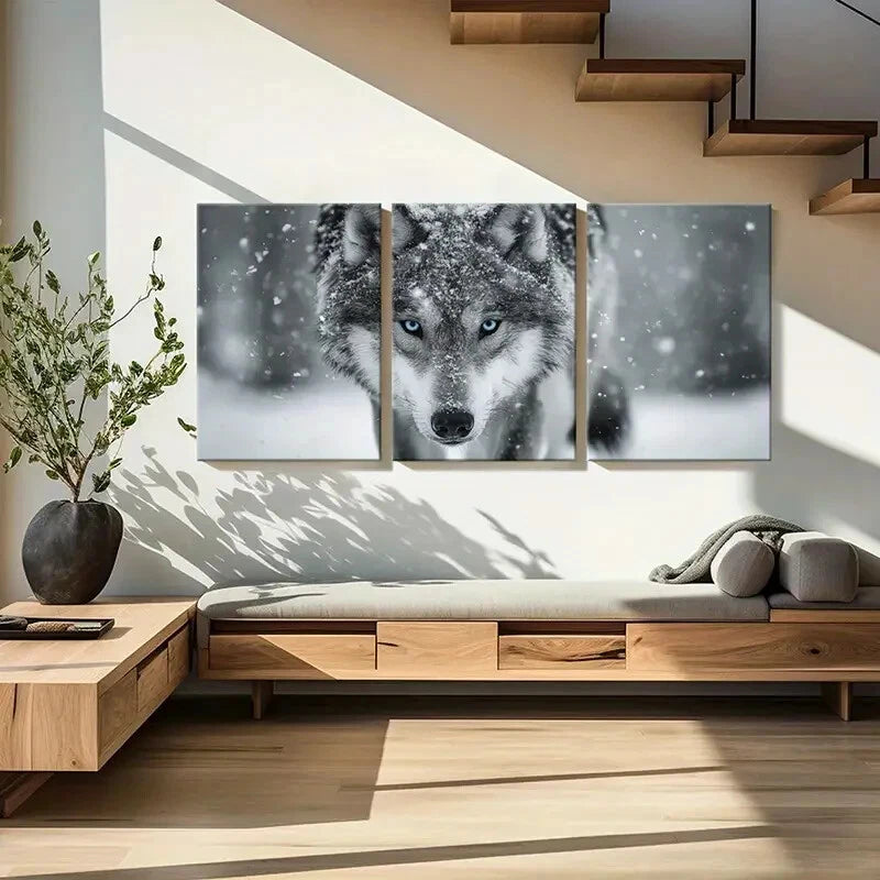 3pcs Winter Wolf Art Snowy Landscape Blue Eyes Metal Print Ready to Hang Art - Bella Home Decor