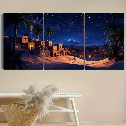 3pcs Desert Village Night Scenery Wall Art Canvas Unframed - High Quality Print 100% Australian Made Wall Canvas - Bella Home Decor